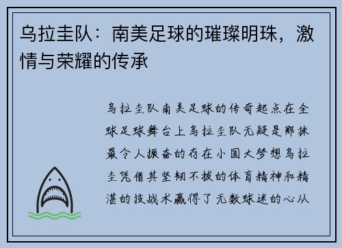 乌拉圭队：南美足球的璀璨明珠，激情与荣耀的传承