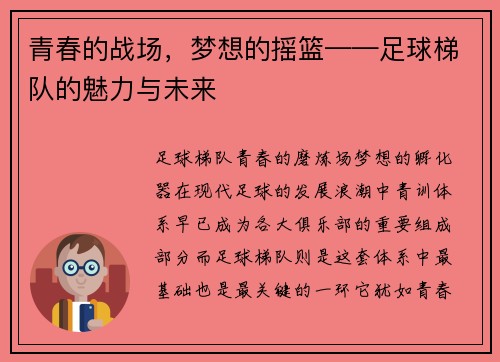 青春的战场，梦想的摇篮——足球梯队的魅力与未来