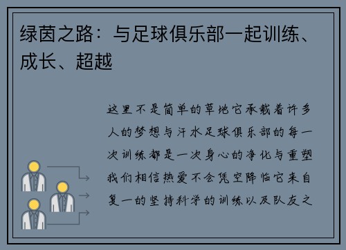 绿茵之路：与足球俱乐部一起训练、成长、超越