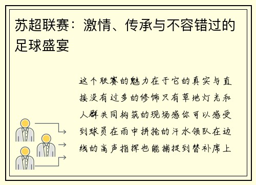 苏超联赛：激情、传承与不容错过的足球盛宴