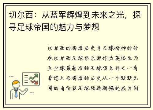 切尔西：从蓝军辉煌到未来之光，探寻足球帝国的魅力与梦想