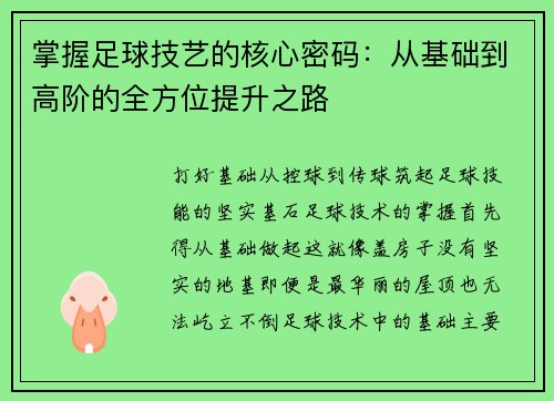 掌握足球技艺的核心密码：从基础到高阶的全方位提升之路